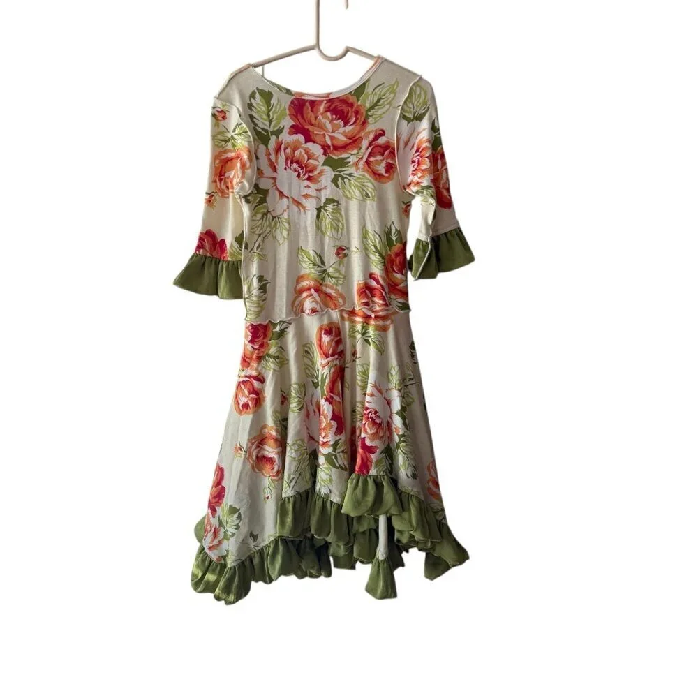 Floral Giggle Moon Girls Dress With Green Ruffled Hem & Sleeves Rosette Size 6X
